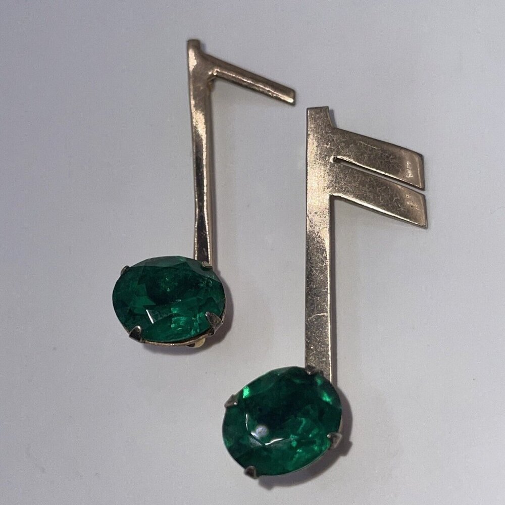 RARE Set of 2 J Ingenue Sterling Music Note Brooches Pins‎ Green Rhinestones VTG